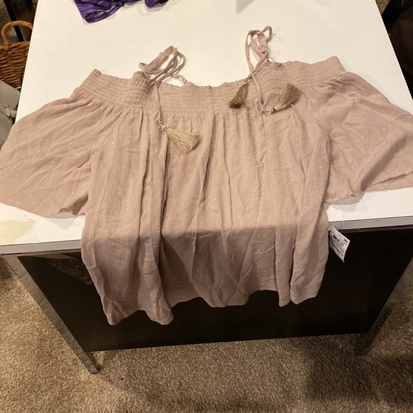 Tan with gold sparkles, short sleeves off the shoulders blouse - Picture 6 of 7